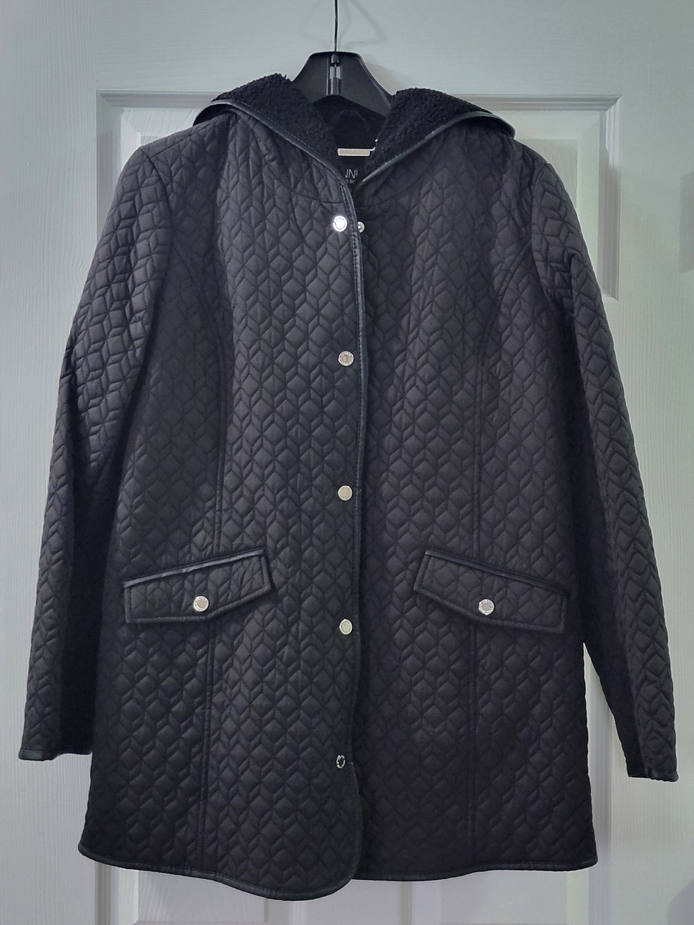 Dennis Basso Black Water Resistant Quilted Hooded Snap Front Jacket- Small